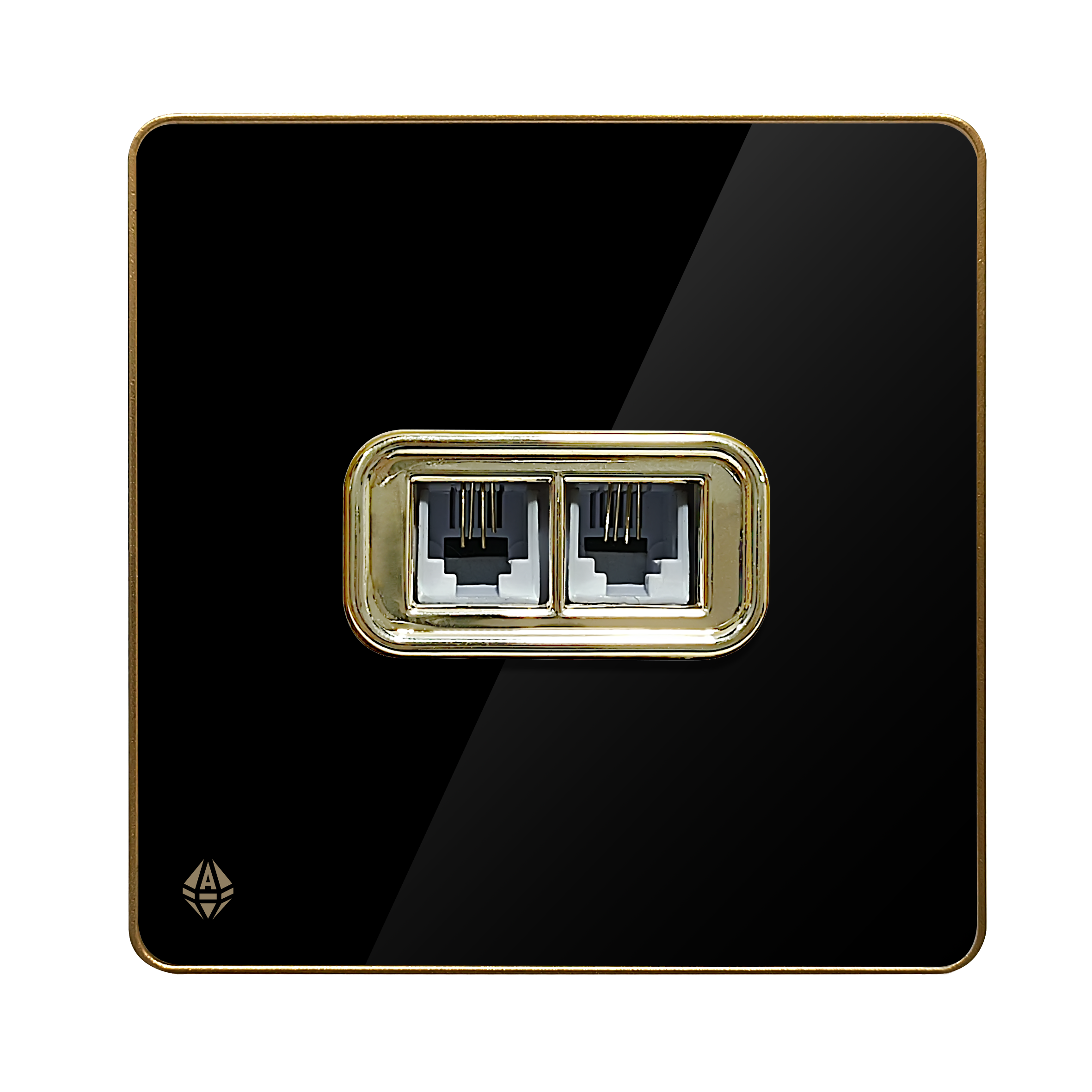 Tel 2gholoo Black copy پریز تلفن دوسوکت آسیا الکتریک مدل یاقوت مشکی زه طلایی